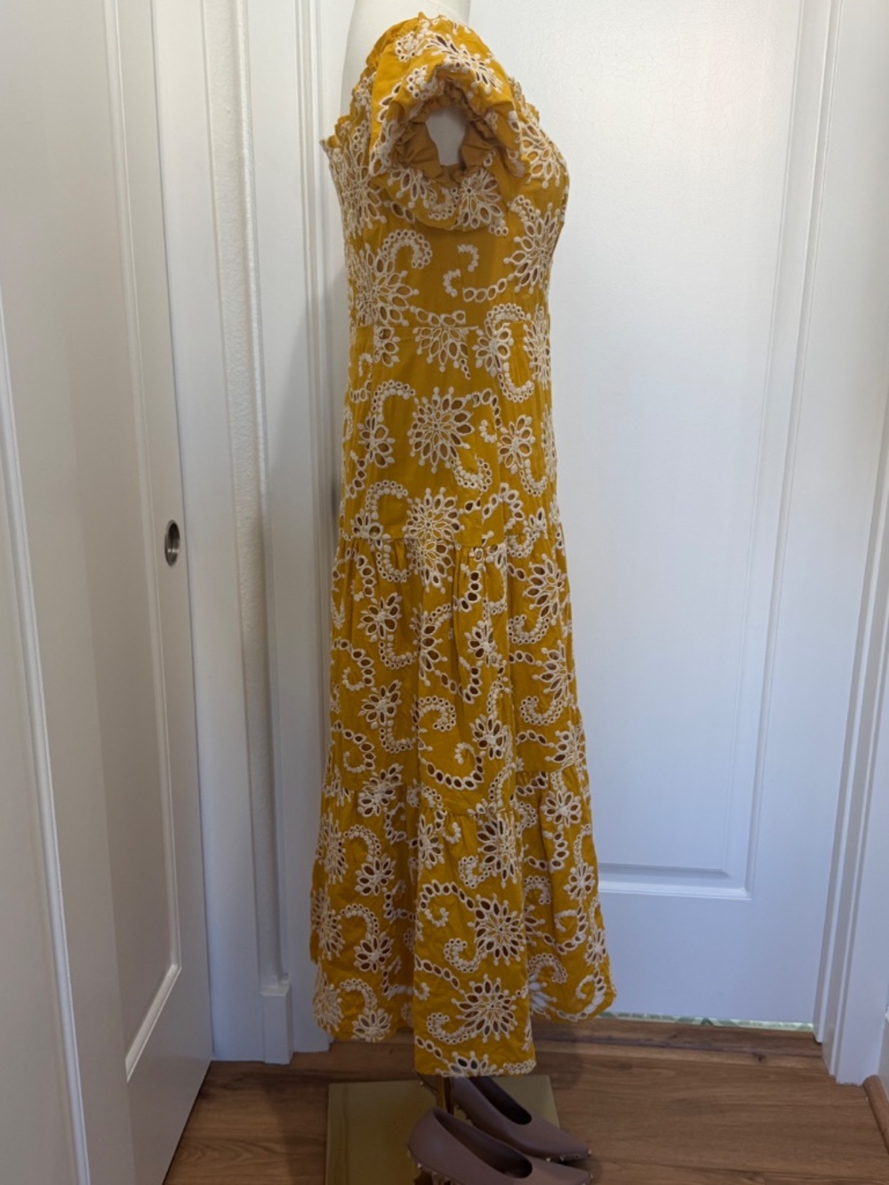 ASTR the Label Mustard Yellow Eyelet Tiered Midi Dress - Picture 4 of 5